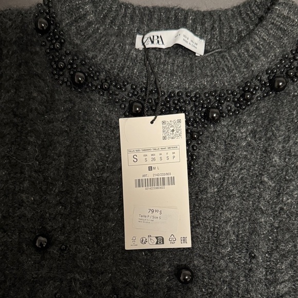 Zara Charcoal Beaded Crew Neck Sweater - Picture 2 of 4
